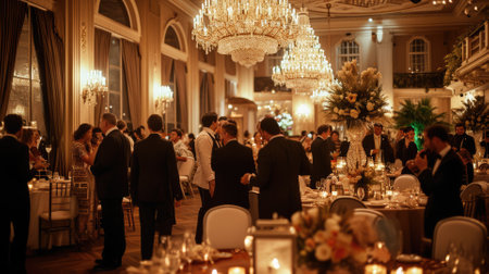 An elegant evening event, people in formal attire, beautifully decorated venue, capturing the essence of a sophisticated gathering. Resplendent.の素材