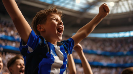 A young fan at a soccer championship raises his arms in excitement, adding to the energetic gestures of the crowd, creating a fun and happy atmosphere at the event. AIG41の素材