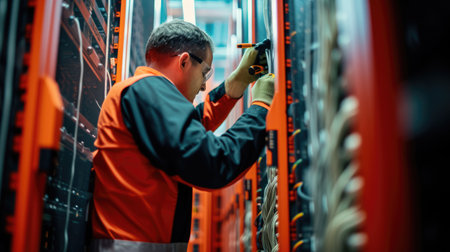 A man in electric blue engineering attire is performing gestures while working on a server in a data center. AIG41の素材