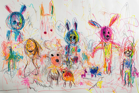 The hand drawing colourful picture of the group of the various type of the animal that has been drawn by the colored pencil or chalk on the white background that seem to be drawn by the child. AIGX01.の素材