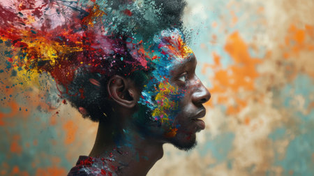 The picture that about the human face with different facial expression with colourful blowing effect near their head that can be portrayed feeling when they received too much the information. AIGX03.の素材