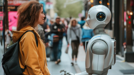 A woman and a robot are sitting at a table, sharing a leisurely conversation, while having fun at an art event. AIG41の素材