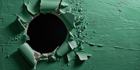 Close up view picture of the hollow green hole on the the wall that show the breaking part of the wall that has been made from strong material yet still can break to look through other side. AIGX03.の素材