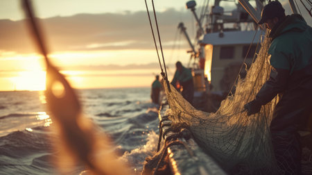 A group of fishermen enjoying the sunset while standing on a boat in the middle of the ocean, surrounded by water and the vast sky above. AIG41の素材