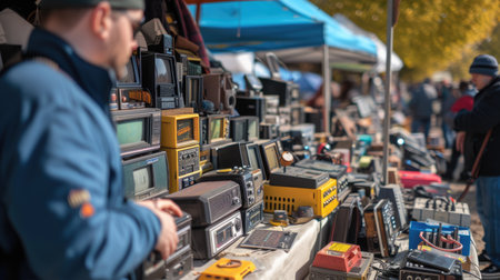 A diverse collection of vintage radios and TVs are displayed on a metal table in a room, sharing the history of engineering and science in the citys building and machine events. AIG41の素材
