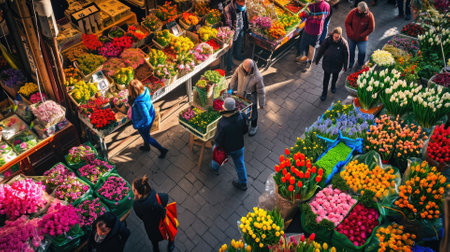 A bustling flower market scene featuring an array of colorful tulips and various spring flowers, with shoppers in the background. Resplendent.の素材