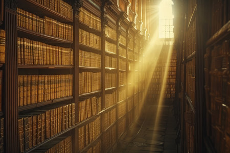 Majestic rays of sunlight beam through a stained glass window, illuminating the dusty shelves of ancient books in a historic library. Resplendent.の素材