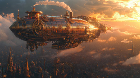Fantasy steampunk airships float amongst clouds against a dramatic sunset backdrop, evoking adventure and exploration. Resplendent.の素材