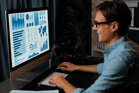Smart businessman analyzing business paragraph dynamic database marketing analysis plan surrounded...