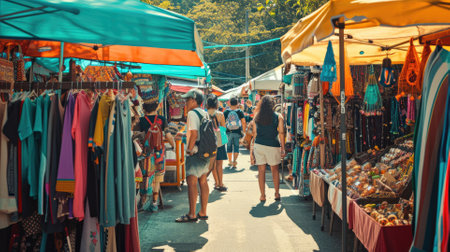 Visitors wander among colorful stalls under a blue sky in an outdoor market, exploring a variety of local goods and souvenirs. Resplendent.の素材