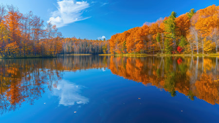 Crisp autumn colors reflected perfectly in the still waters of a serene lake, with a backdrop of a clear blue sky and fluffy clouds. Resplendent.の素材