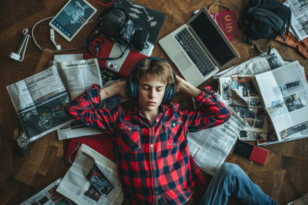 The top view of picture that about young scandinavian human that laying down and listening to the music and focused in the full of the thought and music with room that surrounded with devices. AIGX03.の素材