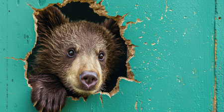Close up view picture of the hollow green hole on the the wall that show the bear stay inside the wall that has been made from some material yet still can be break to look through other side. AIGX03.の素材