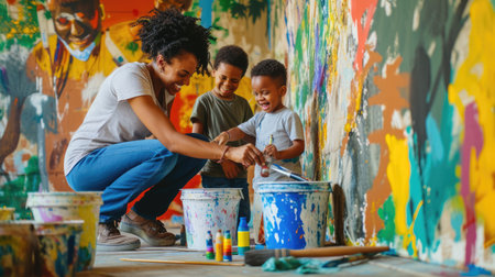 A happy family sharing a fun leisure event, sitting on the floor in front of a colorful wall, with smiles and laughter filling the room. AIG41の素材