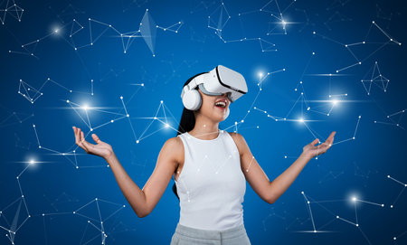 Female stand wear white VR headset and white sleeveless connect metaverse, future technology create...
