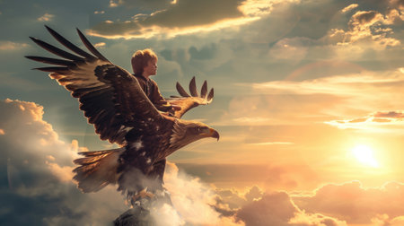 The side view of the picture that has the child flying into the bright sky with the flying object that has been called the eagle yet the size of the eagle so big when compare with the child. AIGX03.の素材