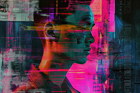 The close up picture of human face with emotionless expression that the picture has neon glitch effect that feels like from scifi or science fiction futuristic cyberpunk artstyle yet dystopia. AIGX01.の素材