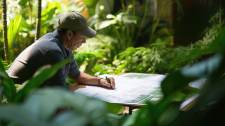 An overhead view of a landscape architect analyzing garden design plans amidst a lush green setting. AIG41の素材