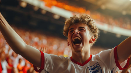 A jubilant soccer fan celebrates a goal, cheering and clapping in a stadium filled with spectators during a crucial match. AIG41の素材
