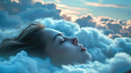 The close up picture of the caucasian female human that laying down for sleeping on the sea of the cloudscape that act like pillow that look fluffy and soft at the bright sky of the daytime. AIGX03.の素材