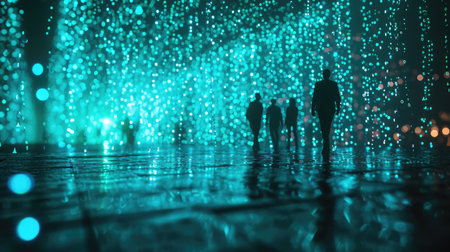 The picture of the group people that has been walking into the endless walkway that has been raining with the digital matrix green binary rain of code that seem like people search something. AIGX01.の素材