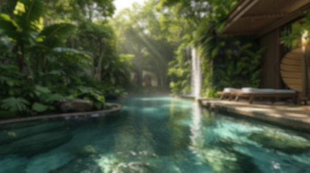Blur background of luxurious resort spa relaxation area amidst dense tropical greenery. Resplendent.