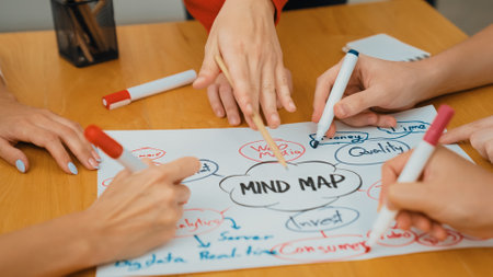Close up of skilled business people hand brainstorming, working together, discussing about marketing...