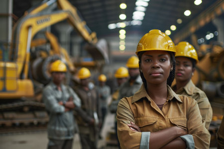 group portrait of construction workers with background of excavation machinery aigx04の素材
