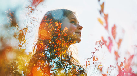 The closeup double exposure between the caucasian young girl and the beautiful vividly nature that the picture, it stands for the peaceful of the life or relaxation with the beautiful nature. AIGX01.の素材
