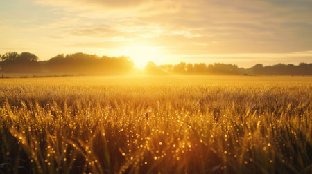 An early morning farmers field, dew on crops, sunrise casting a golden glow, tranquil and fertile landscape. Resplendent.の素材