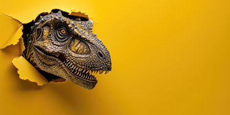 Close up view picture of the hollow yellow hole on the the wall that show the t.rex stay inside the wall that has been made from some material yet still can break to look through other side. AIGX03.の素材