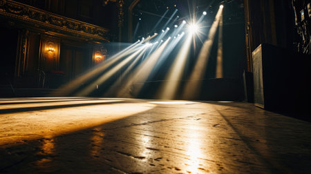 The great huge empty space of room with many spotlight that shine the light to the floor and reflected to the large huge room that looks like some sort of the dancing or acting training room. AIGX03.の素材