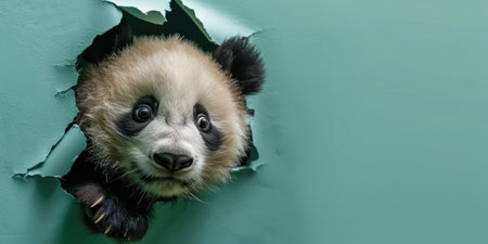 Close up view picture of the hollow green hole on the the wall that show the panda stay inside the wall that has been made from some material yet still can be break to look through other side. AIGX03.の素材