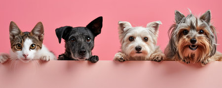 The picture of front view and close up of the multiple group of the various cat and dog in front of the bright pink background that look back to the camera with the curious and interest face. AIGX03.の素材