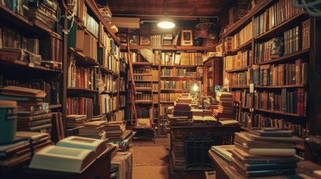 An antique bookstore interior, shelves filled with old books, warm lighting, a sense of history and knowledge. Resplendent.の素材