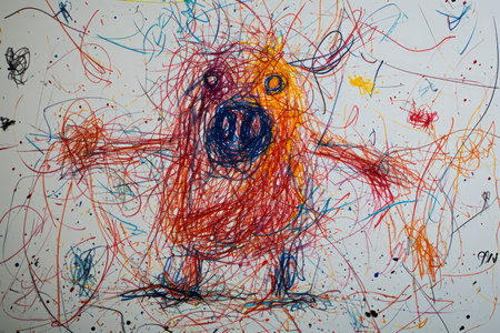 The hand drawing colourful picture of the pig that has been drawn by the colored pencil, crayon or chalk on the white blank background that seem to be drawn by the child that willing to draw. AIGX01.の素材