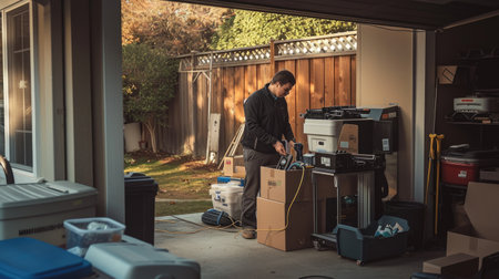 A pest control professional prepares his equipment in a well-organized garage, ready for the next service call. AIG41の素材