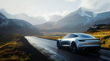 A white vehicle with Clouds as the background is driving down a mountain road with the Automotive parking lights on. AIG41の素材
