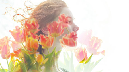 The closeup double exposure picture between young adult beautiful female caucasian human and bright beautiful nature in the morning or evening that the picture stand for peaceful of the life. AIGX01.の素材