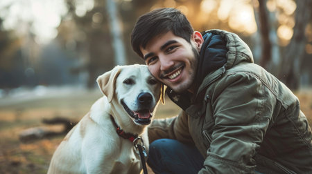 playful dog and its owner in nature outdoor , healthy lifestyle pragmaの素材
