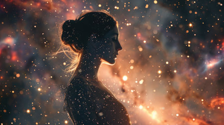 The double exposure picture of adult female human with galaxy or universe in great enormous space that starring into beautiful bright galaxy space that filled with uncountable amount of star. AIGX03.の素材