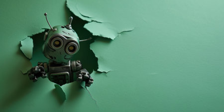 Close up view picture of the hollow green hole on the the wall that show the robot stay inside of the wall that has been made from some material yet still can break to look through other side. AIGX03.の素材