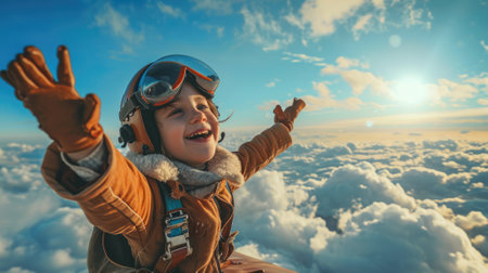 The side view of the picture that has the child flying into the bright sky with the aviator costume and the pair of goggles under the bright light of the bright sun with the happy smile face. AIGX03.の素材