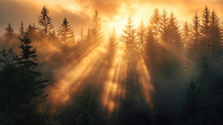 Misty Forest Sunrise. Golden sunrise rays filter through the mist in a dense forest. Resplendent.の素材
