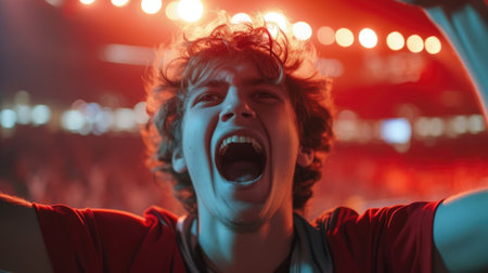 A fan is enthusiastically gesturing with her arms in the air, cheering in an electric blue hat at the entertaining competition event. AIG41の素材