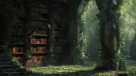 An ancient library in a hidden forest, overgrown with ivy, books filled with forgotten lore, mystical ambiance, sunlight filtering through leaves. Resplendent.の素材