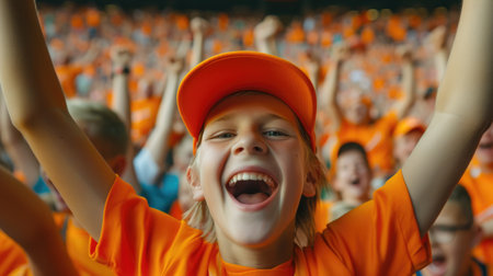 A joyful fan at a soccer event, happily shouting and gesturing with his arms in the air, showcasing his love for the game. AIG41の素材