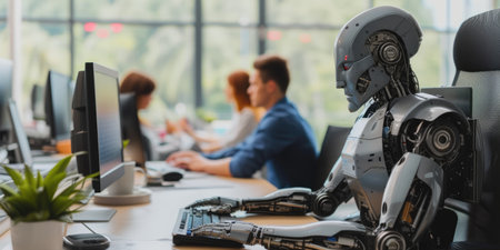 A humanoid robot with advanced features is seated at a desk, engaging in tasks alongside human colleagues in a modern office setting. AIG41の素材