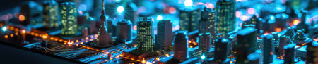 A conceptual visualization of a smart city with glowing structures on a digital circuit board, symbolizing urban technology integration concept. AIG41の素材