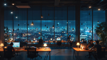 A gathering of individuals occupies office desks in a building during nighttime. The room features water fixtures, tables, and glass elements. AIG41の素材
